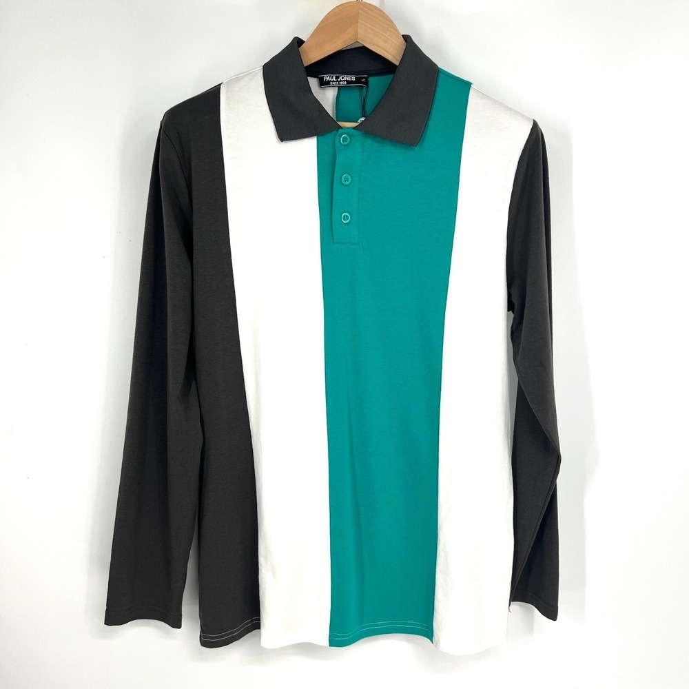 Paul Jones Long Sleeve Jersey Golf Polo Shirt Mens S Dark Grey Stripes New